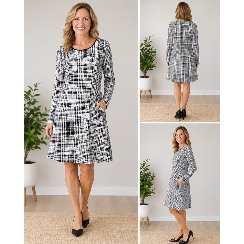 Charlie Paige Houndstooth Swing Dress Black White Long Sleeve‎ Faux Leather Trim